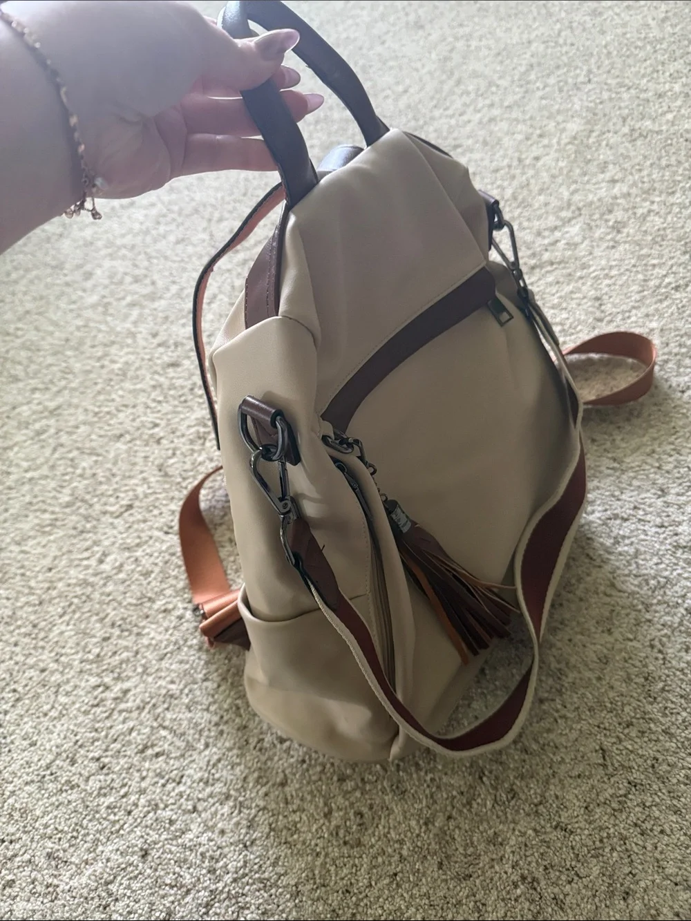 Beige Everyday Backpack with Brown Accent Strap